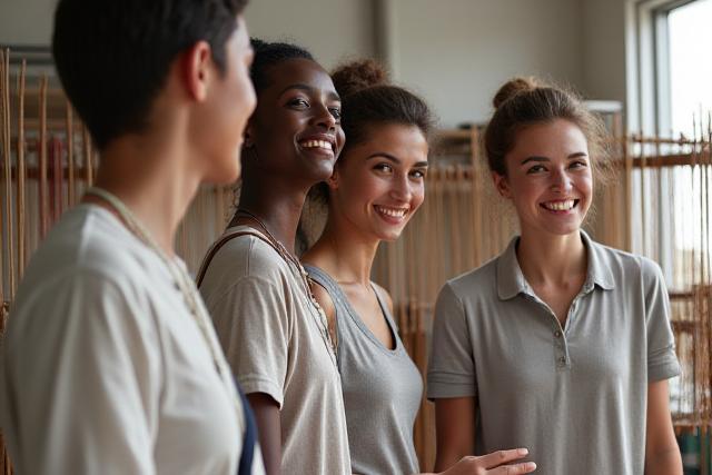 Photo de l'équipe de Rêve Tissé dans un atelier de tissage moderne, souriants et engagés.